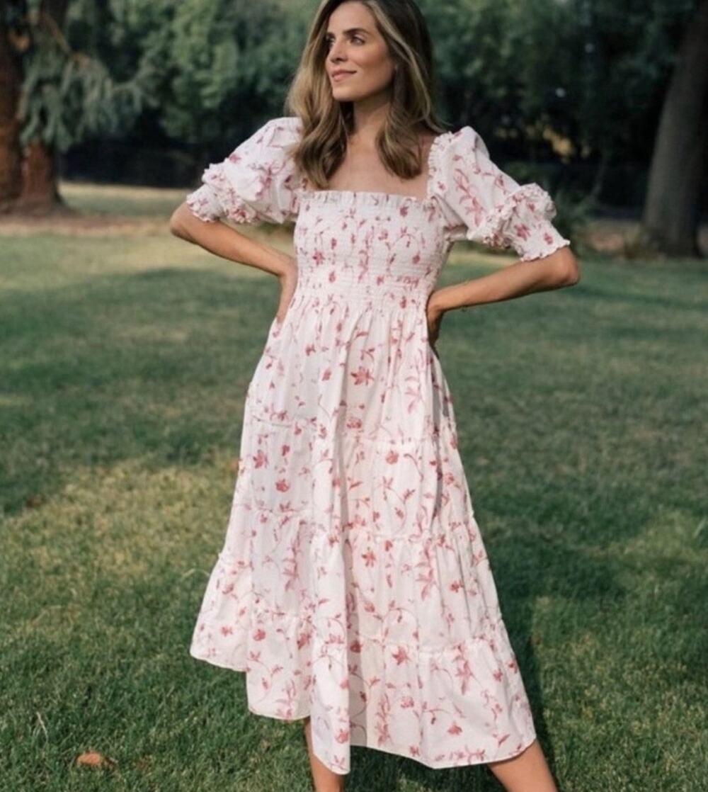 Hill House Home Nesli Nap Dress in Rose Botanical White Pink Midi Size Small